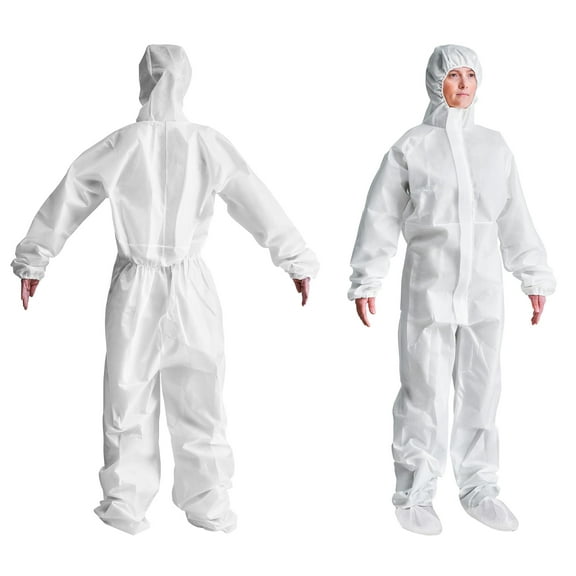 White Disposable Coveralls for Men & Women, 2X-Large. Pack of 50 Waterproof SMS Lab Coveralls 60 GSM with Hood, Boots, Elastic Wrists. Unisex Tear Resistant Painters Suit Disposable
