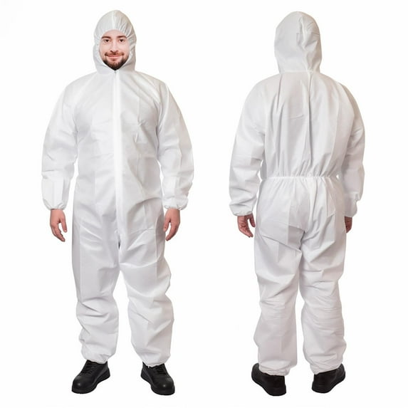 Disposable Coverall 4X-Large. Pack of 30 White Full Body Protective Suits. SF Polypropylene 60 gsm. Unisex Adult Coveralls with Hood, Zipper, Elastic Wrists