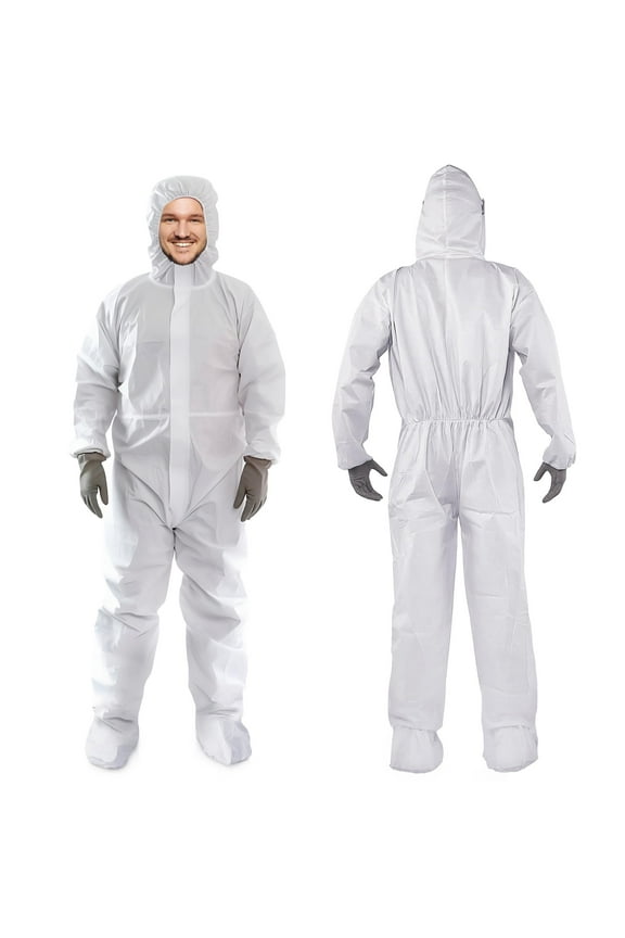 White Disposable Coveralls with Hood & Boots, 3X-Large. Pack of 5 Microporous Lab Coveralls for Men & Women. 60 GSM Painters Suit Disposable with Elastic Wrist, Lower Back, Zipper