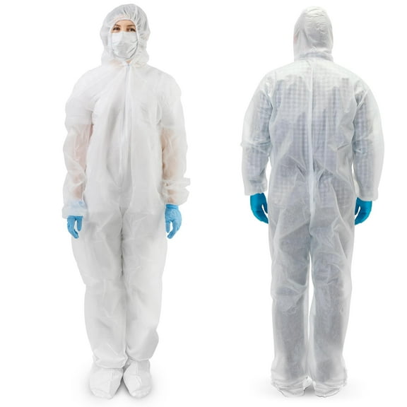 White Disposable Coveralls with Hood and Boots, Large. Pack of 5 Unisex Lab Coveralls for Men and Women. 30 GSM Polypropylene Paint Suit with Zipper Closure and Elastic Wrists