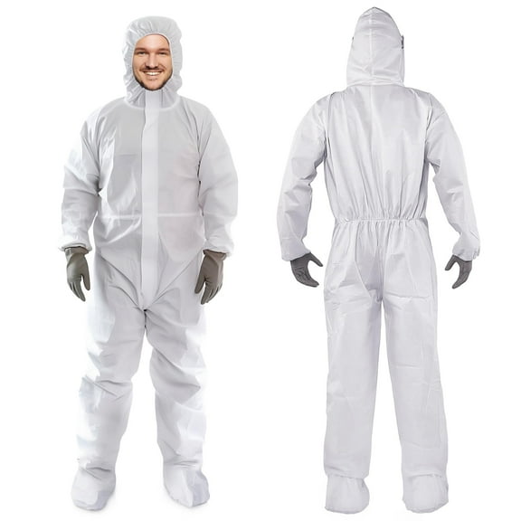 White Disposable Coveralls with Hood & Boots, Small. Pack of 5 Microporous Lab Coveralls for Men & Women. 60 GSM Painters Suit Disposable with Elastic Wrist, Lower Back, Zipper