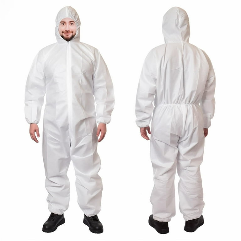 White Disposable Coveralls with Hood, L. 30 Pack Disposable Hazmat