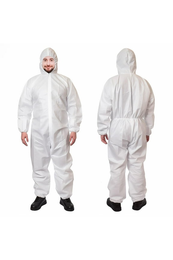 Disposable SF Coveralls. Pack of 30 White Large Full Body Protective Suits of Laminated Polypropylene 60 gsm. Unisex PPE Workwear with Microporous Film, Hood, Zipper, Elastic Wrists in Bulk.