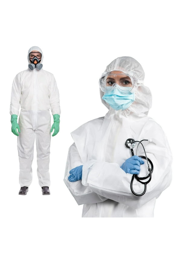 White Disposable Coveralls with Hood, X-Large. Pack of 5 Unisex Paint Suit 60 GSM SMS. Hazmat Suits Disposable with Elastic Wrists, Ankles, Lower Back & Zipper with Storm Flap