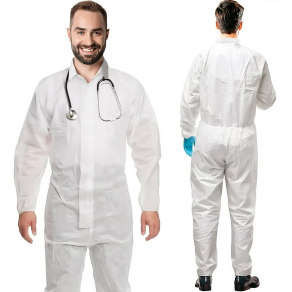 White Disposable Coveralls, Liquid Proof SMS 60 GSM Hazmat Suit, Large