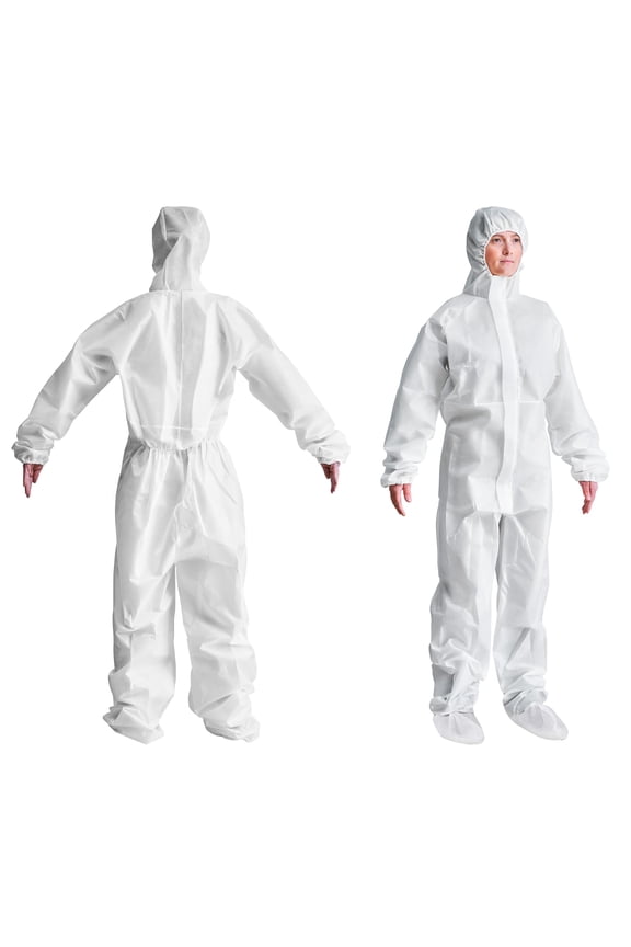 Disposable Coveralls SMS 60 GSM White Hooded Full Body Suit with Boots, 5 pack, Large