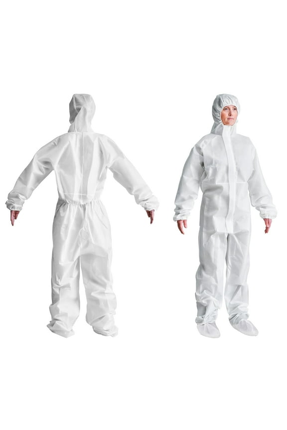 White Disposable Coveralls for Men & Women, X-Large. Pack of 50 Waterproof SMS Lab Coveralls 60 GSM with Hood, Boots, Elastic Wrists. Unisex Tear Resistant Painters Suit Disposable