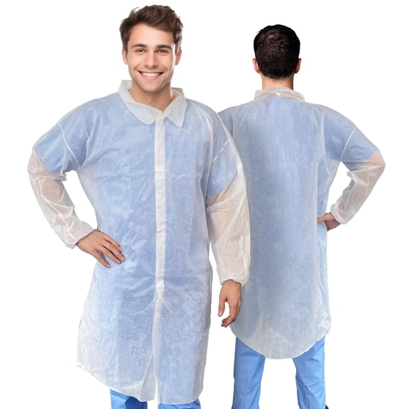 White Polypropylene Disposable Lab Coat, 2X-Large, 44 in, Hook and Loop, 5 count