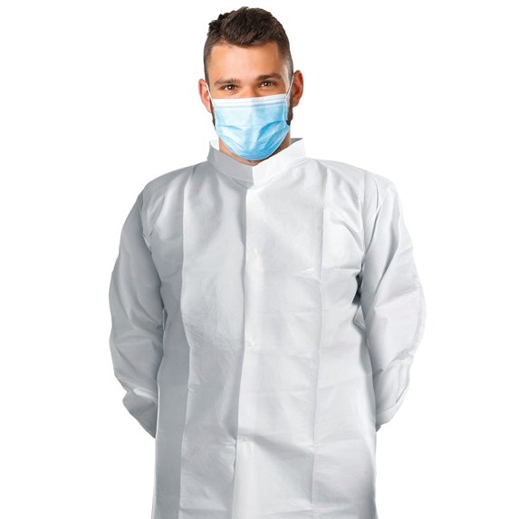 White Polypropylene Disposable Lab Coat, Large, 40 in, Stand Collar, Elastic Wrists, 60 count
