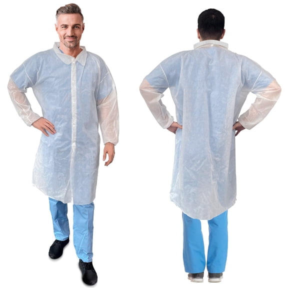 White SMS Disposable Lab Coat, X-Large, Snaps, Elastic Wrists, 10 count