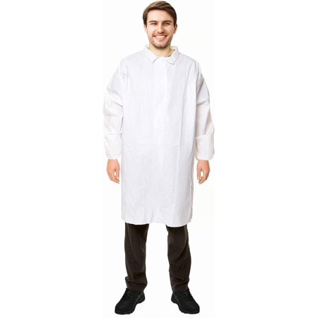 White Disposable Lab Coats for Adults Large Size, Medical Isolation Gowns Disposable Pack of 10, Polypropylene Microporous Disposable Robes 60 GSM with Folded Collar, Elastic Wrists