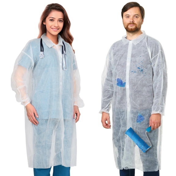 White Disposable Lab Coats, Splash-Proof with Elastic Cuffs, 10 Count, XX-Large
