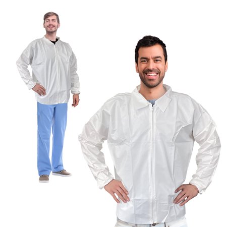White Microporous Disposable Lab Jacket, Large, 65 GSM, Front Zipper, 10 count