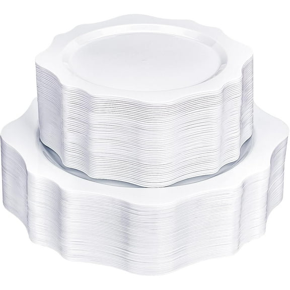 100 PCS White Disposable Plates for 50 Guests, Scalloped Plastic Plates Include 50 Dinner Plates and 50 Dessert Plates for Party, Wedding