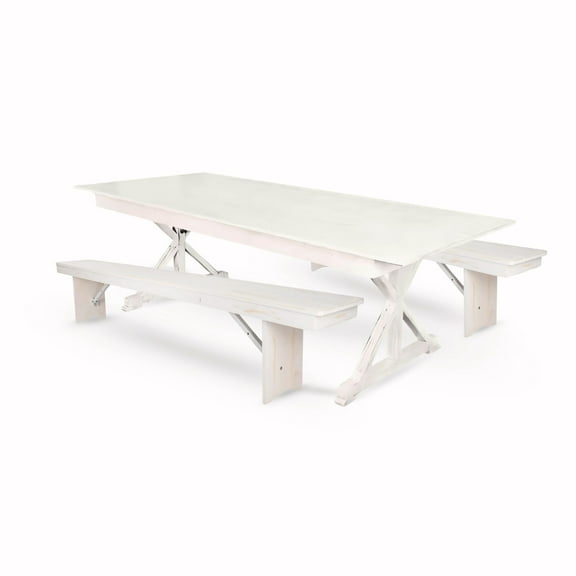 White Distressed X-Leg Farm Table Dining Set with 2 Benches by Chivari