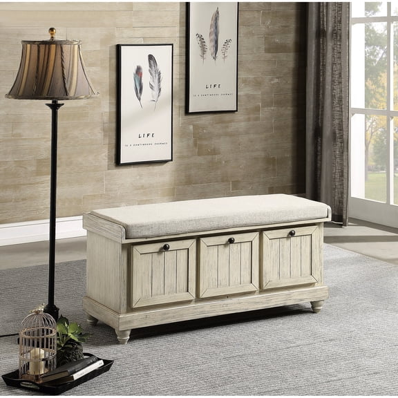 White Distressed Bench With Solid Wood Frame And Beige Textured Cushion Foam Padded Upholstery