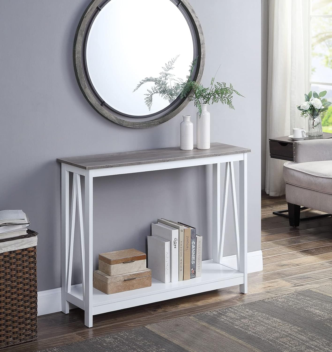 White & Distressed Grey Top Finish 2Tier XDesign Occasional Console Sofa Table With Shelf