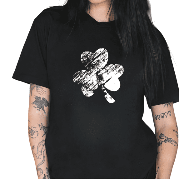 White Distressed Shamrock Print Tshirt Graphic Tees Black Shirts S-5XL St Patricks Day Vintage Womens Tops