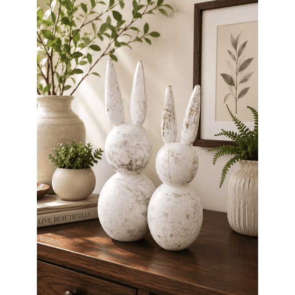 White Distressed Wooden Bunny Figurine Set of 2 Rustic Farmhouse Easter Home Decor