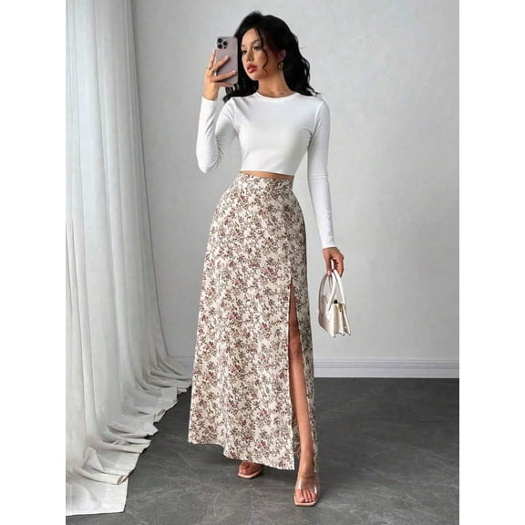 White Ditsy Floral High Slit Maxi Skirt For Women – Elegant Flowing Wrap Style With Side Split