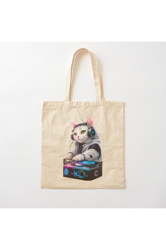 White Dj Cat. Canvas Tote Bags, Reusable Shopping Bag