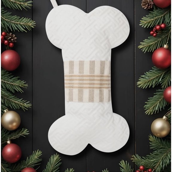 White Dog Bone Christmas Stocking 18x11 Inch Quilted Fabric with Holiday Details for Pet Lovers