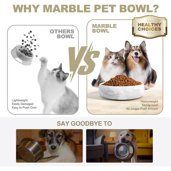 White Dog Bowl, Marble Dog Food Bowl, Non-Slip Water Dish Large, Heavy Duty Pet Bowl for Large Dogs, African Natural Marble, Holds 6 Cups(6lbs)