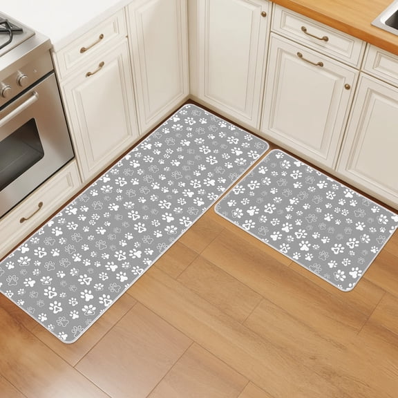 White Dog Claws Kitchen Rugs Set of 2 Gray Background Funny Pattern Absorbent Non-Slip Kitchen Mats for Floor Cushioned Standing Carpet for Home, Office, Sink 23.6"x35.4"+23.6"x70.9"