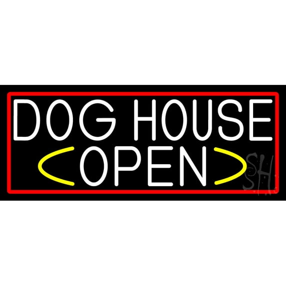 White Dog House Open With Red Border LED Neon Sign 13" Tall x 32" Wide - inches Black Square Cut Acrylic Backing, with Dimmer - Premium built indoor Sign for Décor, Event, Workshop, Storefront.