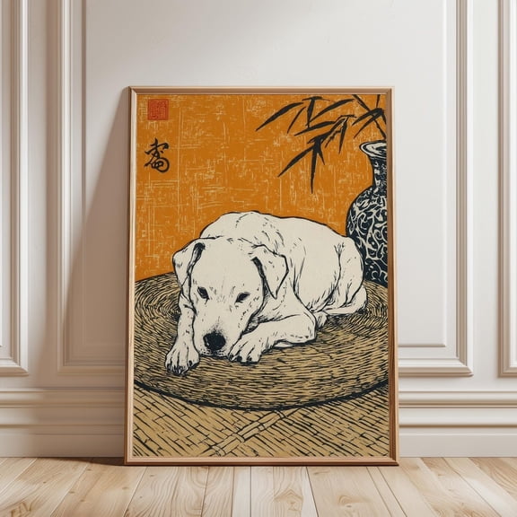 White Dog Illustration Poster, Japanese Ink Style on Orange Background, boho decor, office wall, gift idea, Artistic Home Accent for Modern Interiors Bedroom Office Studio Apartment and R