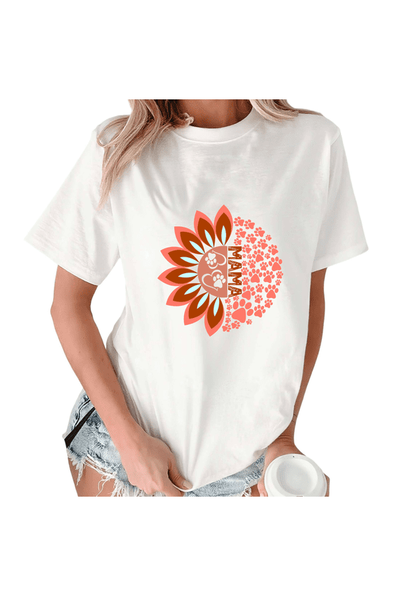 White Dog Mama Coral Sunflower Heart Paw Print Tshirt Graphic Tees Shirts Mother's Day Pet Lover Classic S-5XL Tops