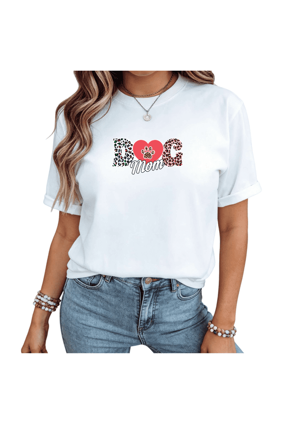 White Dog Mom Colorful Leopard Heart Paw Print Tshirt Graphic Tees Shirts Pet Parent Boho Casual Short Sleeve Gift Idea Tops S-5XL