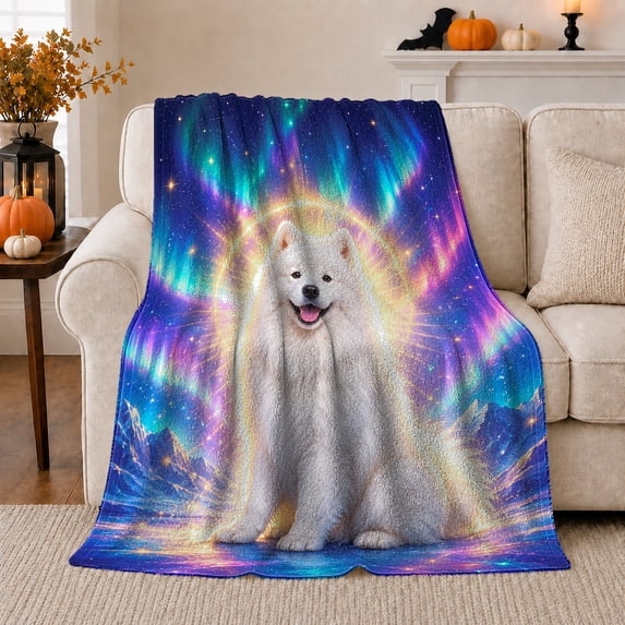 White Dog under Northern Lights, Magical Celestial Style for Dog Lovers, Aurora Mountain Pet Scene and Christmas Gift, Cozy Flannel Blanket for Cabin and Bedroom, Home Decor