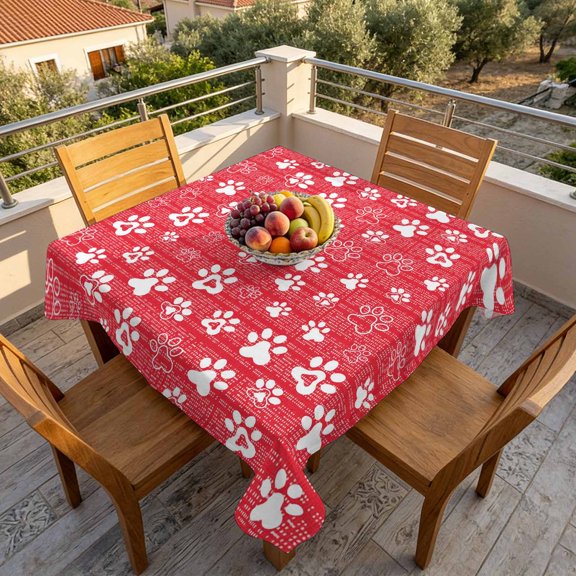 White Dog Paw Claws Table Cloth 60x60in, Waterproof Square Tablecloth Wipeable Tablecloths Red Plaid Background Table Covers for Dining Tables Party Indoor Outdoor