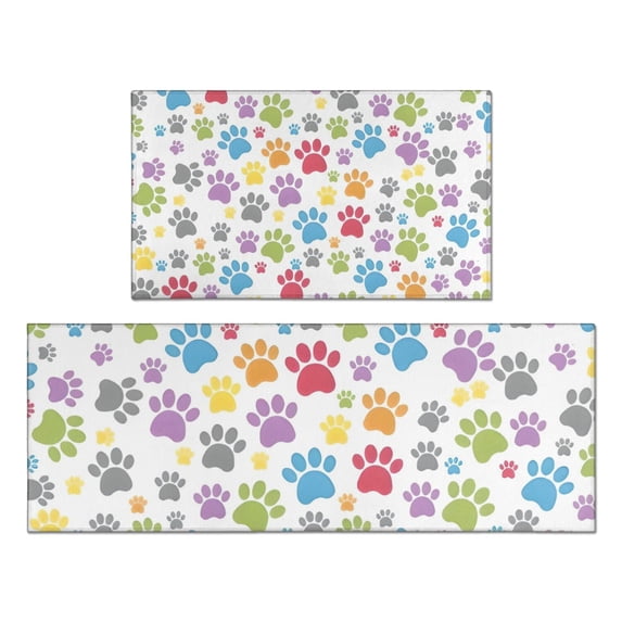 White Dog Paw Footprint Kitchen Rugs Sets Of 2,Anti Fatigue Kitchen Mat Rugs Non Slip Washable,Decorative Kitchen Floor Mats for Kitchen,Sink,Laundry,17"x30"+17"x47"