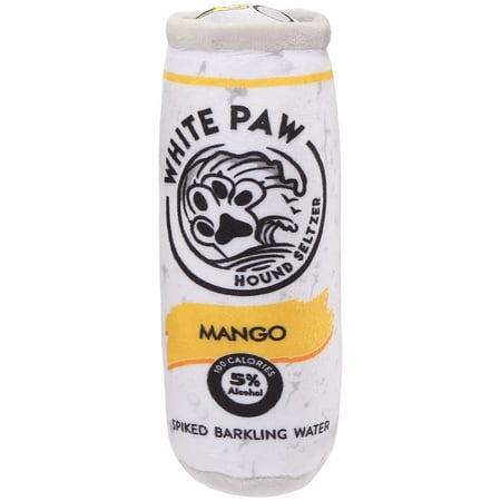 White Dog Paw Seltzer Plush Dog Toy Fun Novelty Alcohol Squeaker (Mango)