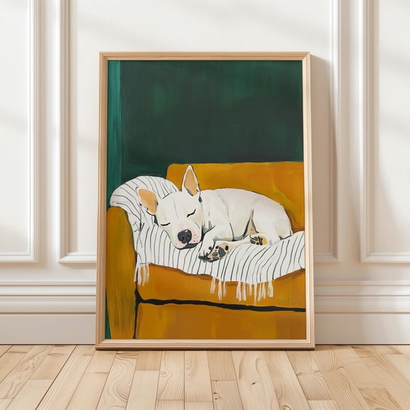 White Dog Sleeping Art Print, Modern Pet, Cozy Dog Mustard Yellow Couch Art Striped Blanket Minimalist Animal Print Wall Art, Modern Wall Decor, 12x18 UNFRAMED