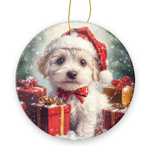 White Dog Wearing Santa Hat With Christmas Presents In Snow - Christmas Ornament Xmas Keepsake Ceramic Ornaments Holiday Decorations for Tree Christmas Gift Ideas 2.95in