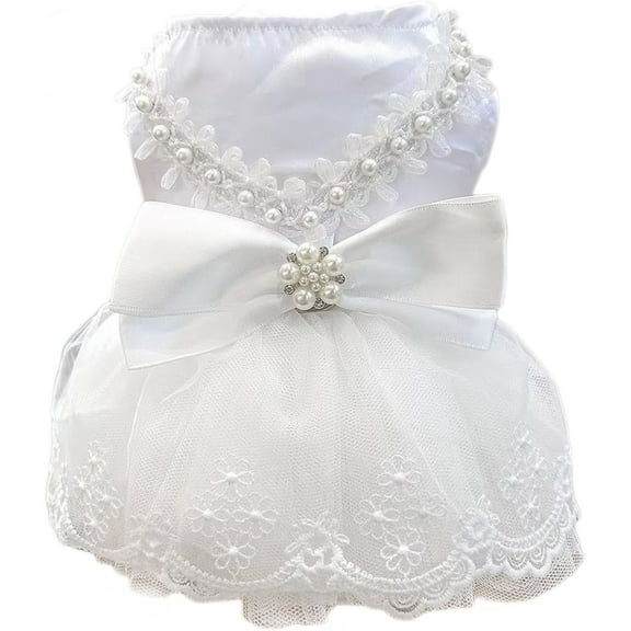 White Dog Wedding Dress Puppy Tutu Skirt with Bow and Pearl Decoration,M,White
