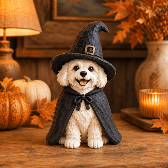 White Dog Witch Wooden Block 3 Layer for Halloween Fall Tabletop Decor