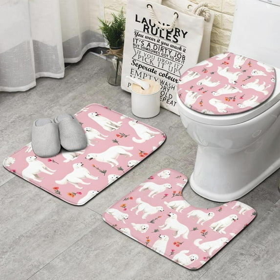 White Dogs and Pioneer Flower Bathroom Rugs Sets 3 Piece,Toilet Cover Set,Absorbent Non Slip Bathroom Mats Sets with U-Shaped Contour Rug Toilet Rug Set
