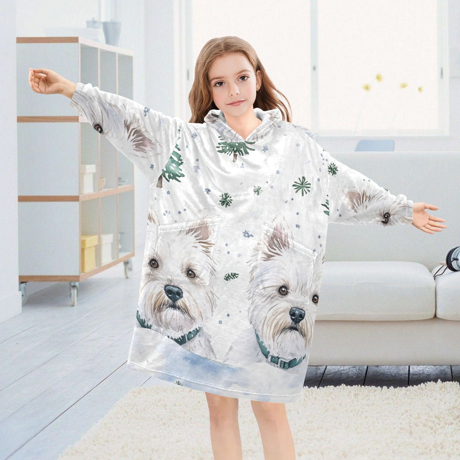 White Dogs Trees Oversized Wearable Blanket Hoodie Sweatshirt Flannel for Unisex Girls Boys