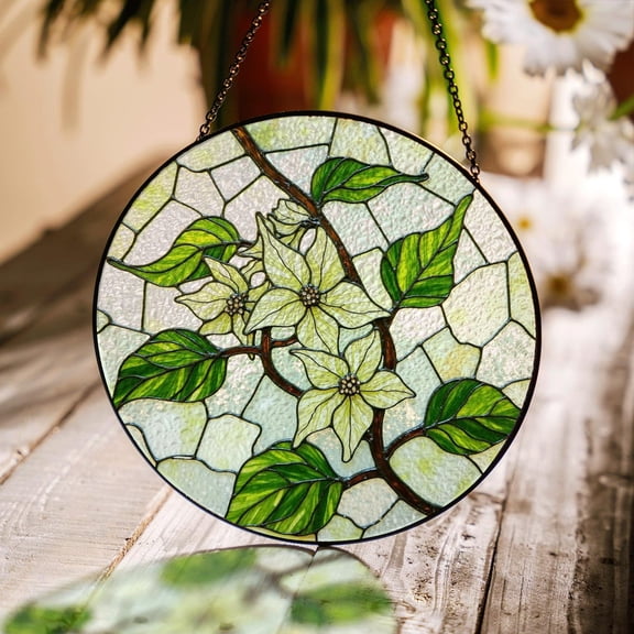 White Dogwood Flowers Glass Suncatcher, Spring Floral Window Art, for Mother, 3.5 in
