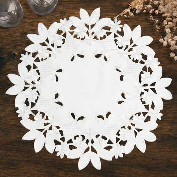 White Doilies Set of 4 - Round Lace Linen Placemats European Embroidery for Fall Autumn Thanksgiving Season Dining Table Home Decor Wedding - 15 inches - The Deandra Collection