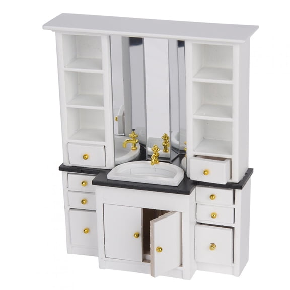 White Doll House Decoration, Miniature Furniture, 1/12 Doll House Mini Basin Cabinet Bathroom Kitchen Decoration Miniature Furniture Modern Minimalist Style