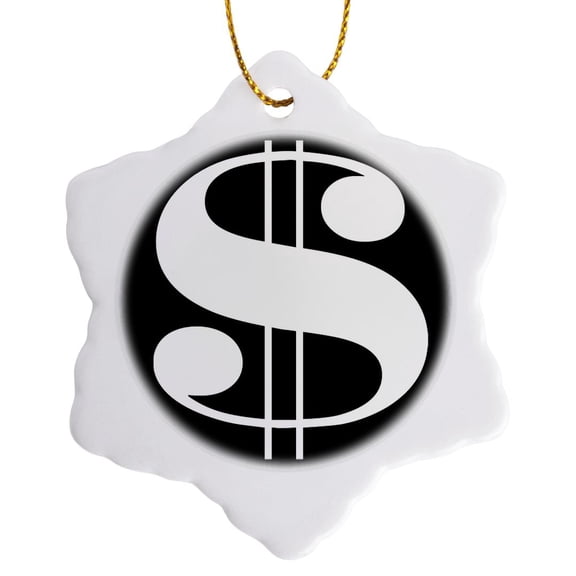 3drose, White Dollar Sign Against a Black Background, 3 inch Snowflake Porcelain Ornament