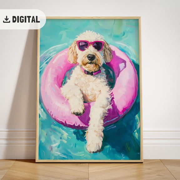 White Doodle Summer , Coastal Labradoodle Dog Beach Decoration, Goldendoodle Wall Art Unframed Paper Print