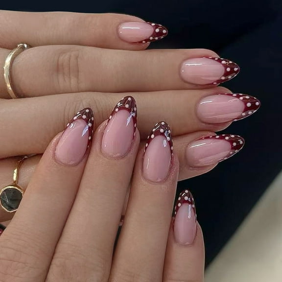 White Dot French Manicure False Nails Wine Red Almond Shaped 24PCS durability Design Easy Application