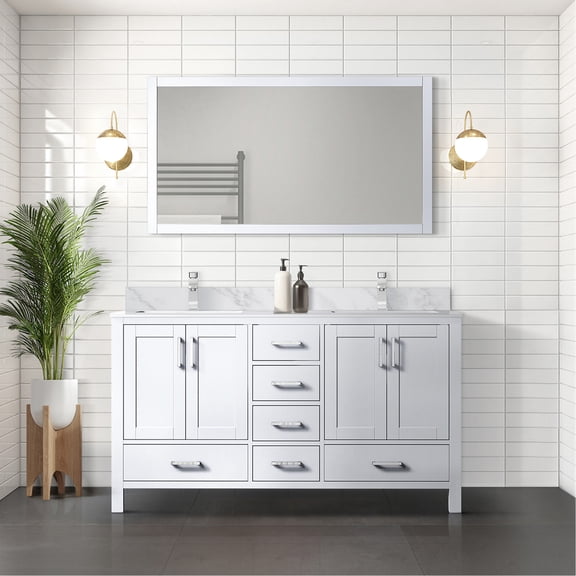 White Double Bath Vanity 60 In. X 22 - Marble Top & Faucet Soft Close, Construction With Open Cabinet Shelf W In And Close Drawers, To Stains Scratches