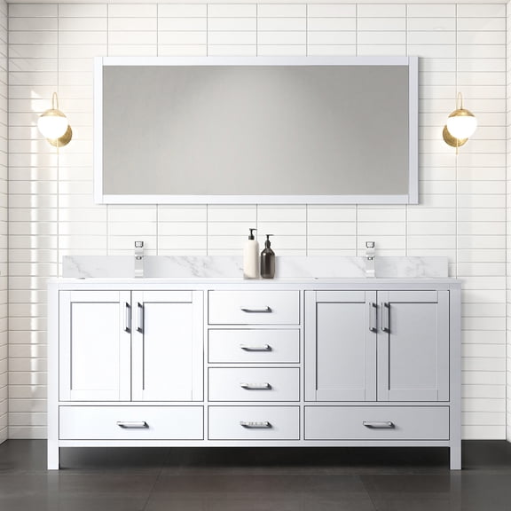 White Double Bath Vanity 72 In. Width With Marble Top And Faucet - Soft Close Function, Scratch Stain Coating, Copious Storage 2 Cabinets, 6 Drawers Open Shelf Unit 72" W Bathroom Surface Detail,